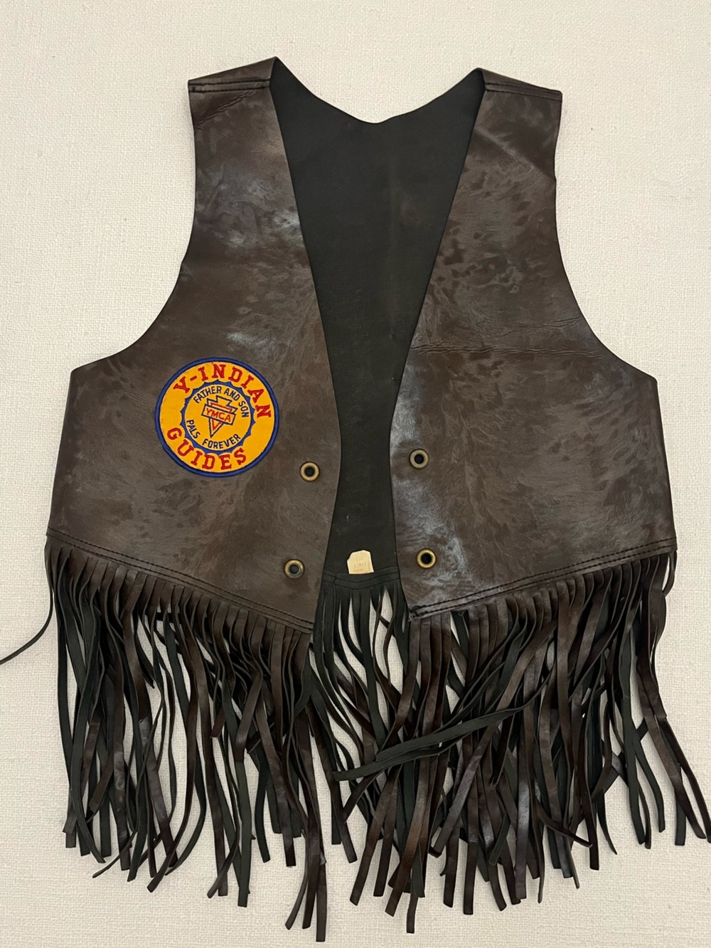Vintage 1970s YMCA Y-Indian Guides Leather Fringe Vest Father & Son Patch Teen